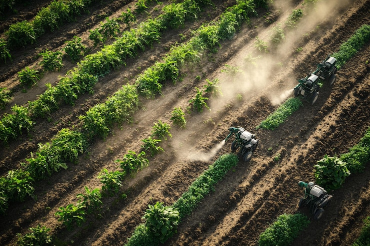 PSD vista aérea de dos tractores rociando los cultivos en un gran campo agrícola