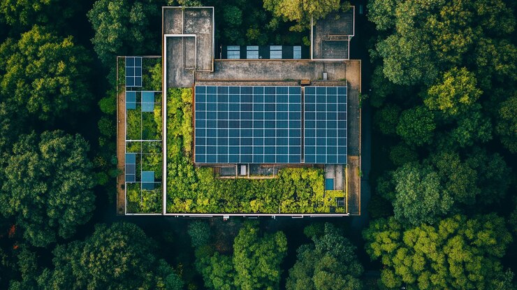 PSD vista aérea de un edificio con paneles solares y techo verde rodeado de árboles exuberantes
