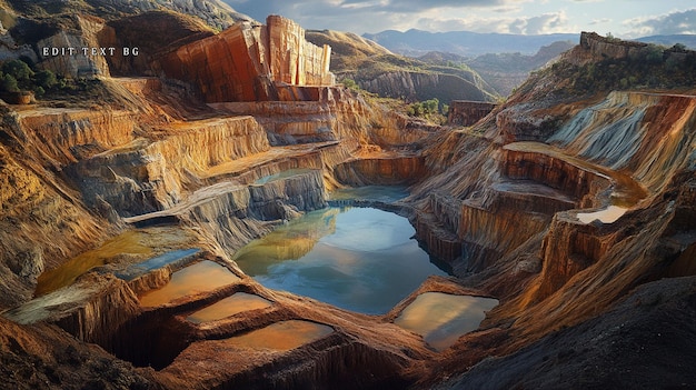 Vista aérea de una gran cantera de colores con múltiples charcos de agua que reflejan el cielo