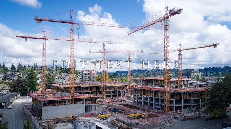 PSD vista aérea de un gran sitio de construcción con múltiples grúas y edificios en construcción