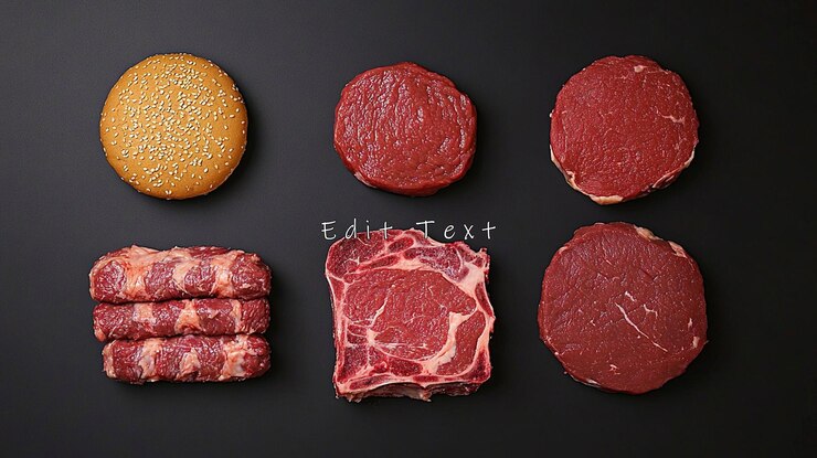 PSD vista aérea de hamburguesas crudas y cortes de carne en fondo negro
