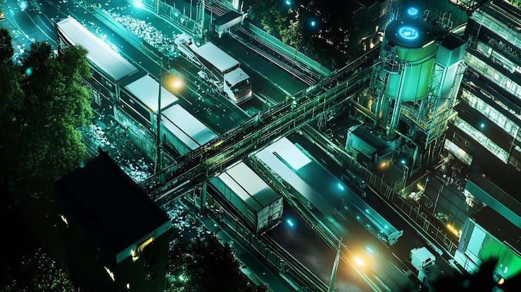PSD vista aérea de una intersección de autopista ocupada por la noche con camiones, autobuses y automóviles atravesando múltiples carriles paisaje urbano con carreteras y edificios iluminados