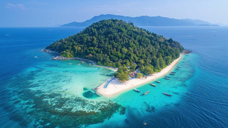 PSD una vista aérea de una isla tropical con una playa de arena blanca, agua turquesa y exuberante vegetación verde