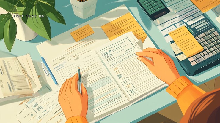 PSD vista aérea de las manos revisando el papeleo en el escritorio con notas adhesivas de la calculadora y la planta
