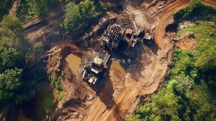 PSD vista aérea de maquinaria pesada excavando tierra en una cantera