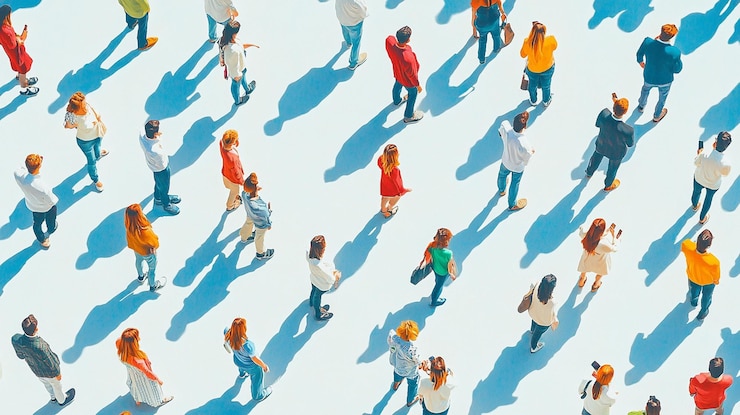 PSD vista aérea de una multitud diversa de personas de pie al aire libre proyectando sombras en la superficie luminosa