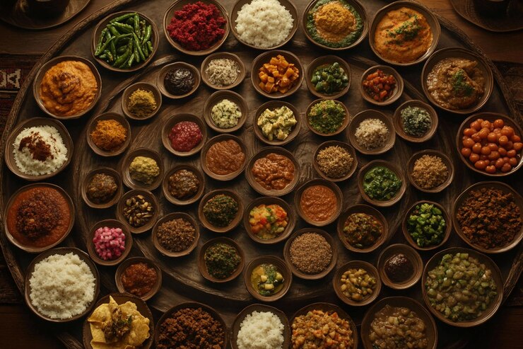 PSD vista aérea de numerosos tazones pequeños llenos de diversos alimentos de colores dispuestos en un gran plato de madera