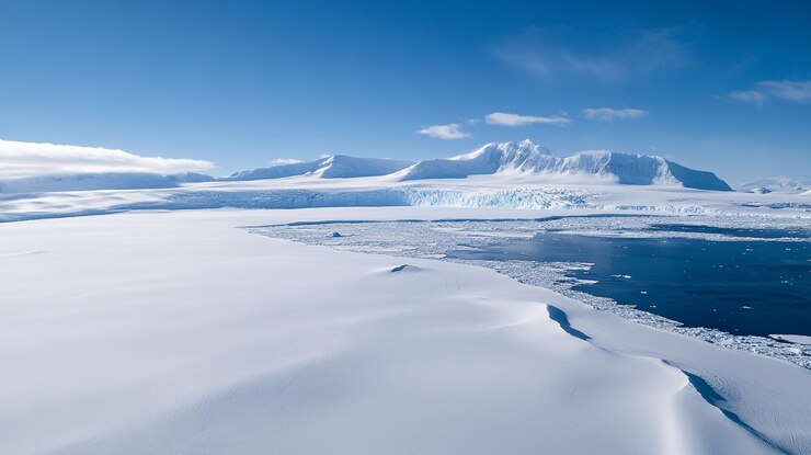 PSD vista aérea del paisaje antártico montañas de nieve y hielo glaciar del océano