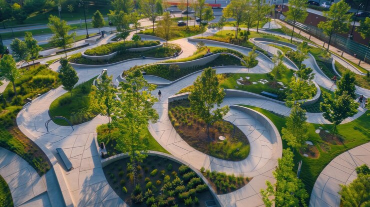PSD una vista aérea de un parque urbano moderno con senderos sinuosos, vegetación exuberante y personas disfrutando del espacio