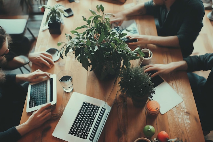 PSD vista aérea de personas trabajando en una mesa de madera en una cafetería rodeada de plantas y dispositivos digitales