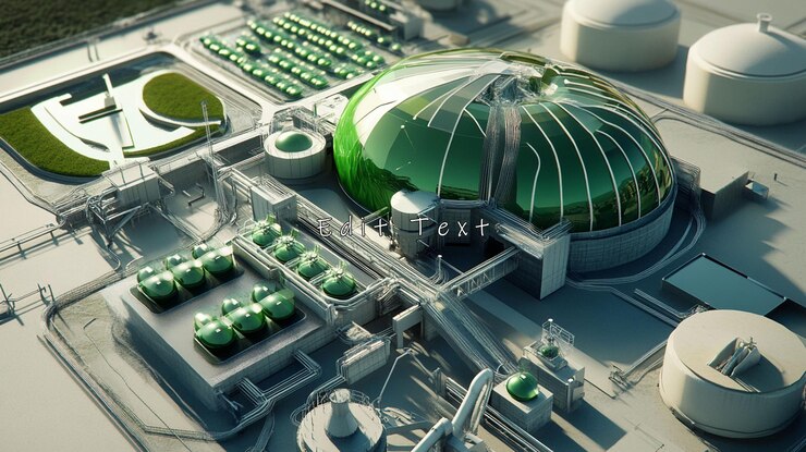 PSD vista aérea de la planta de biogás tanques de cúpula verde tuberías