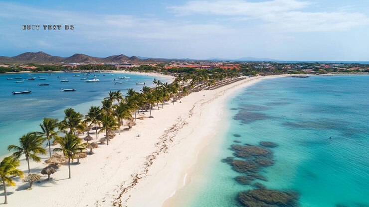 PSD vista aérea de una playa tropical con palmeras, agua turquesa y barcos