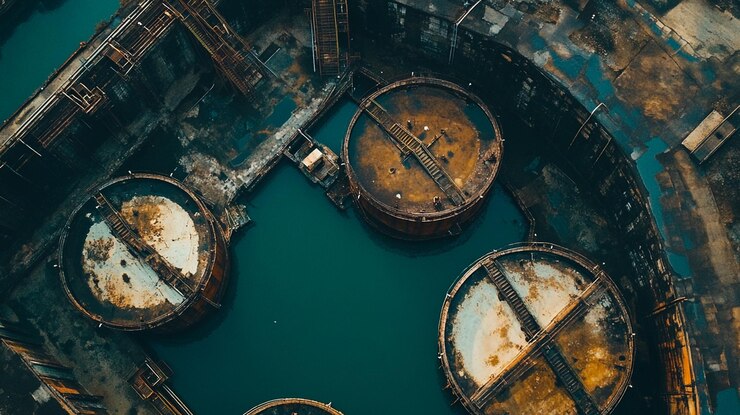 PSD vista aérea de tanques industriales oxidados abandonados en aguas oscuras