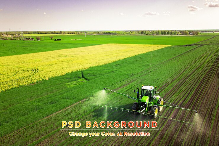 PSD vista aérea de un tractor agrícola arando y rociando en el campo