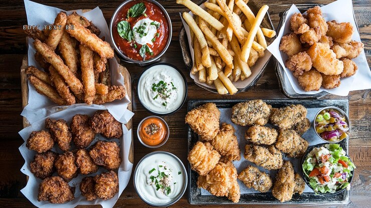 PSD vista aérea de varios aperitivos fritos, incluidos pollo frito y mariscos, servidos con múltiples salsas de inmersión en una mesa de madera