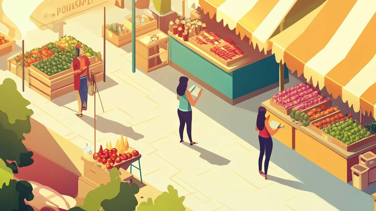 PSD vista aérea de un vibrante mercado al aire libre con personas revisando puestos llenos de productos frescos