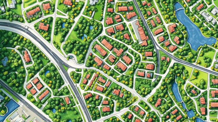 PSD vista aérea de una zona residencial suburbana con carreteras, espacios verdes y edificios