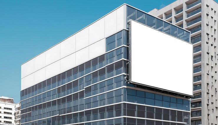 Vista angular de la maqueta de cartelera con pantalla en blanco contra nubes con cielo azul