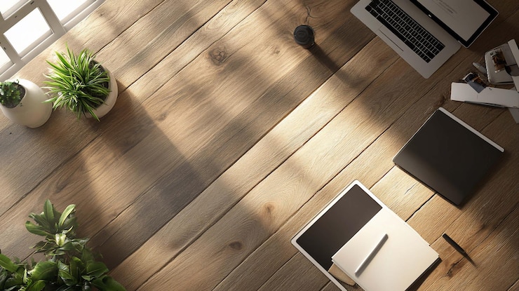PSD vista de ángulo alto de un escritorio de madera bañado en luz solar con dispositivos digitales, plantas y cuadernos