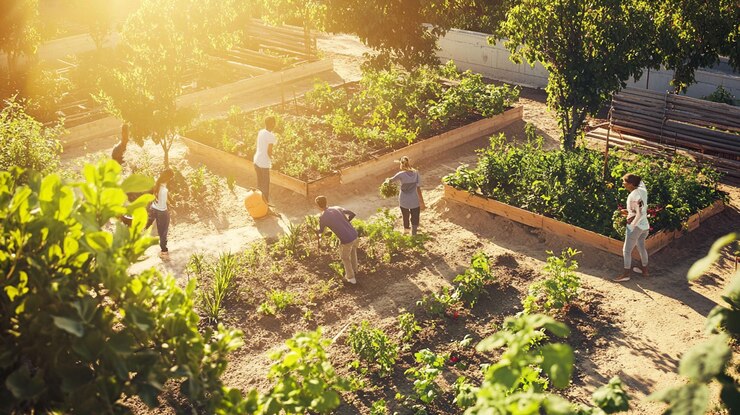 PSD vista en ángulo alto de un grupo diverso de personas jardinería en el jardín comunitario