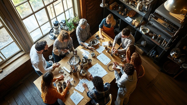 PSD vista en ángulo alto de un grupo diverso de personas que participan en un taller de elaboración de café