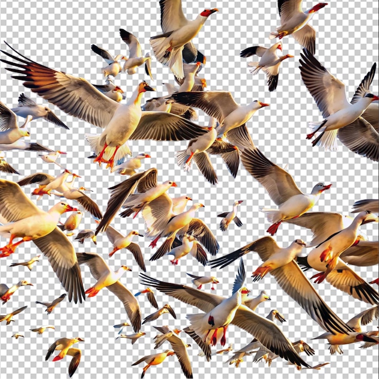 PSD vista de ángulo bajo de aves volando contra un fondo blanco