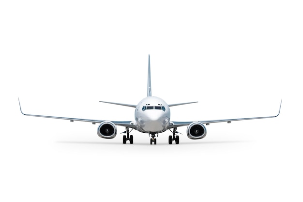 Vista anteriore del moderno aereo bianco da passeggeri isolato