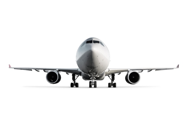 Vista anteriore di un aeromobile passeggeri a fusoliera larga isolato