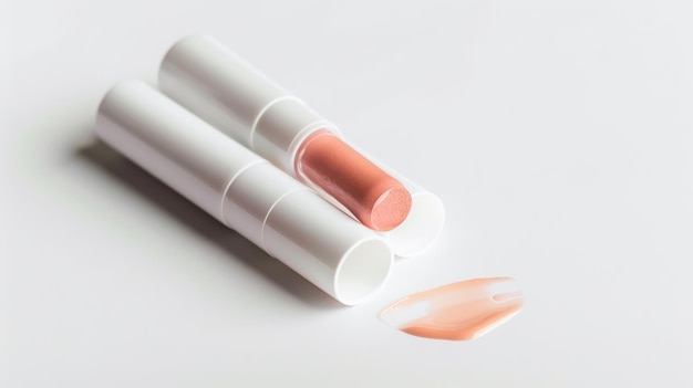 Una vista de cerca de dos lápices labiales y una mancha en un fondo blanco que muestra un suave color melocotón y un embalaje elegante
