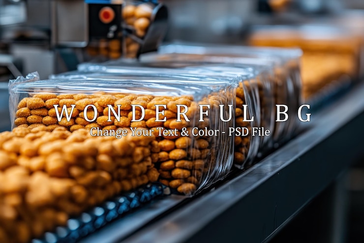 PSD una vista de cerca de una línea de producción en una fábrica de alimentos la imagen muestra una cinta transportadora con varias bolsas de bocadillos inflados que se sellan
