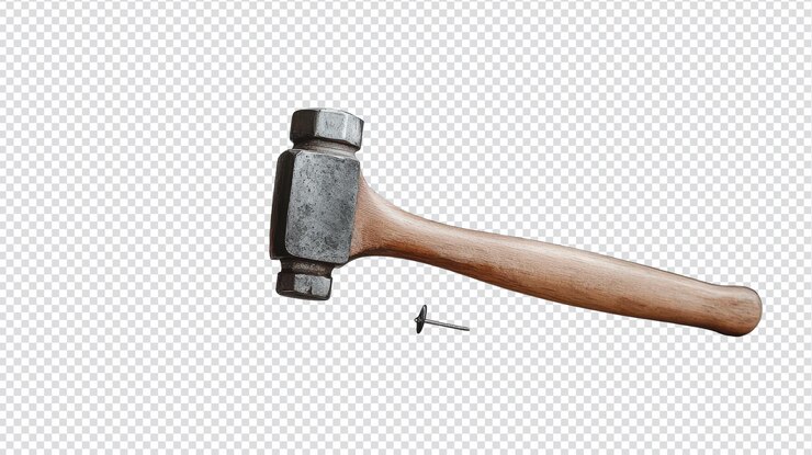 PSD vista de cerca de un martillo y un clavo posicionados para tareas de construcción y proyectos de mejora del hogar que muestran las herramientas esenciales de los entusiastas del bricolaje