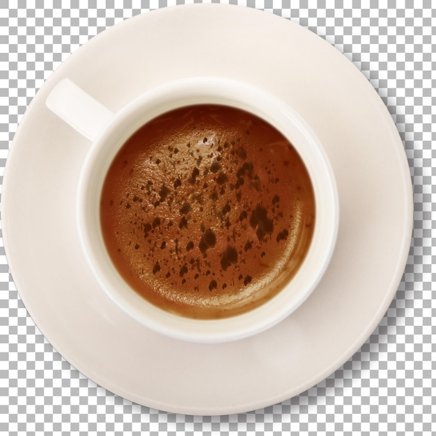 Una vista de cerca de una taza de café en un platillo que muestra un líquido marrón rico con burbujas en la superficie