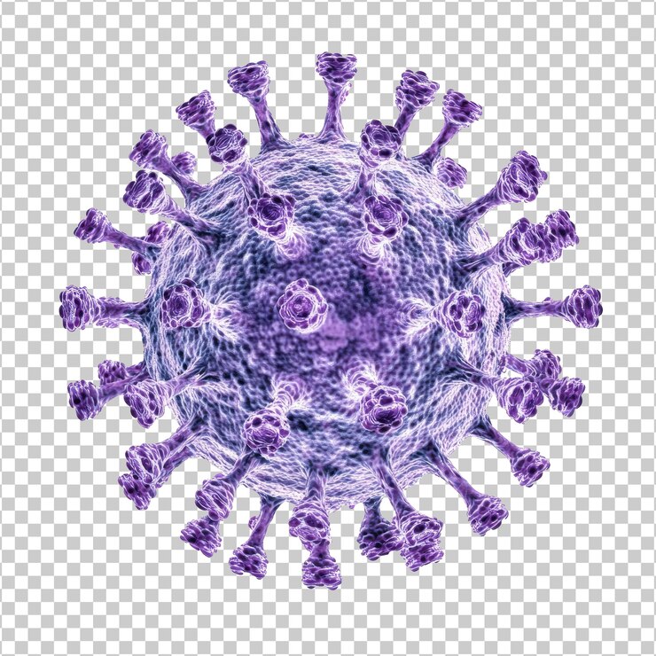 PSD vista de cerca de un virus en colores púrpura y azul aislado con fondo transparente