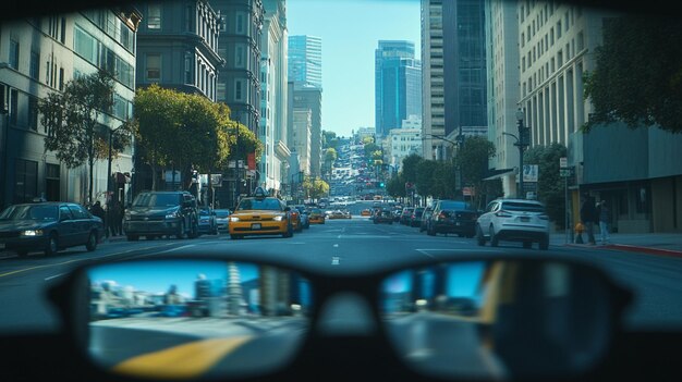 Vista de la ciudad a través de gafas de sol tráfico edificios peatones