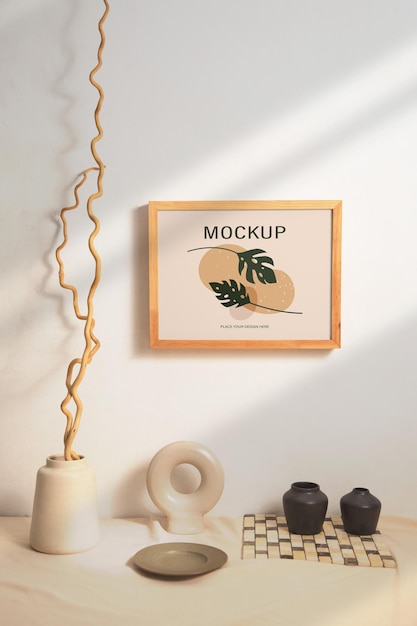 Vista da decoração do quarto composta por moldura e vaso de planta com placa