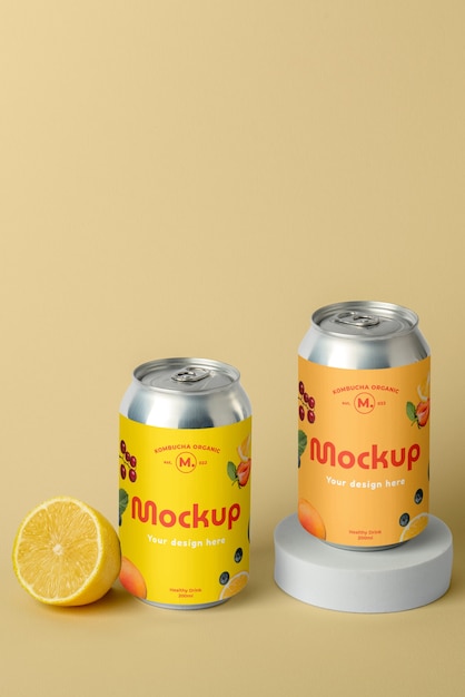Vista da lata com rótulo mock-up para bebida kombutcha