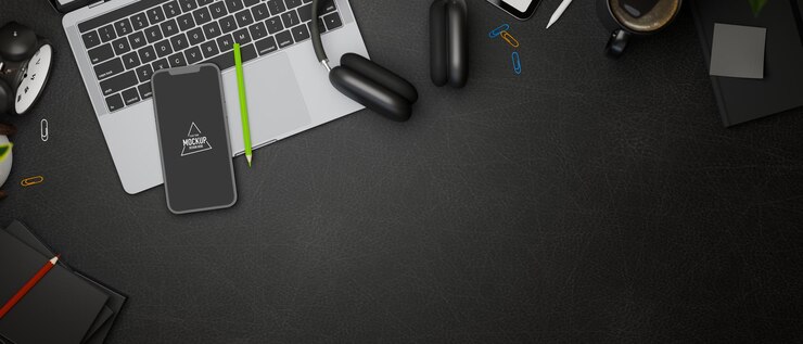 PSD vista dall'alto 3d rendering area di lavoro scura con mockup di smartphone