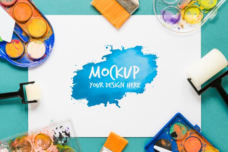 PSD vista dall'alto accessori per pitture artistiche con mock-up