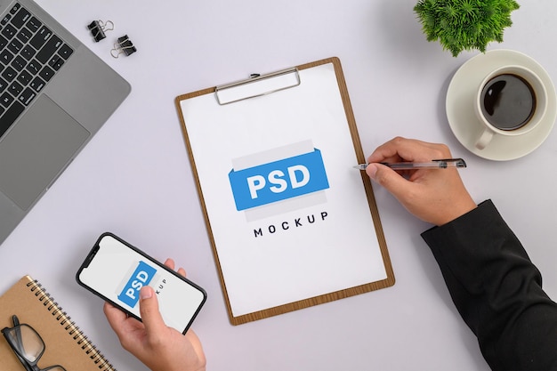 Vista dall'alto Appunti con mockup psd dello spazio di lavoro