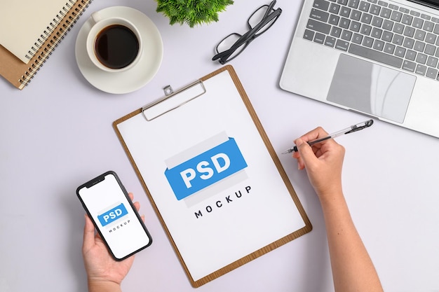 Vista dall'alto Appunti con mockup psd dello spazio di lavoro