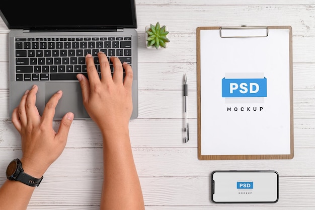 Vista dall'alto Appunti con mockup psd dello spazio di lavoro