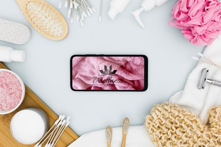 PSD vista dall'alto centro spa mock-up e smartphone