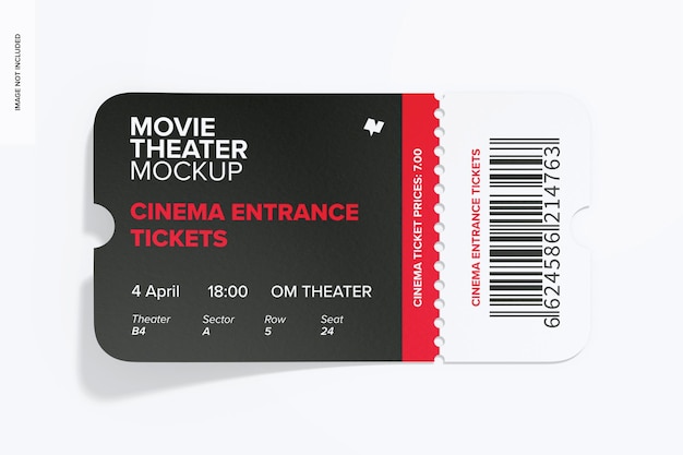 Vista dall'alto del mockup del biglietto d'ingresso al cinema