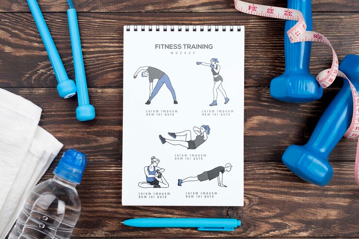 PSD vista dall'alto del notebook fitness con pesi e bottiglia d'acqua