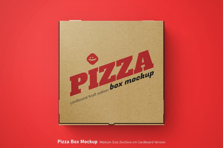 PSD vista dall'alto della pizza biodegradabile consegna cibo scatola di cartone testurizzata imballaggio realistico mockup