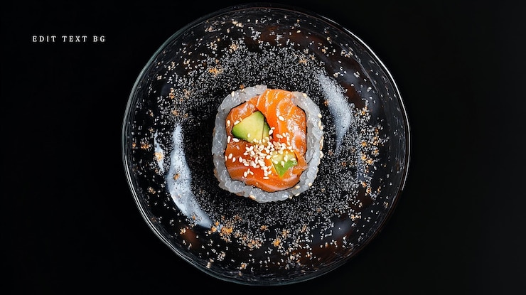 PSD vista dall'alto di un singolo rotolo di sushi di salmone su un piatto di vetro trasparente guarnito con semi di sesamo e avocado
