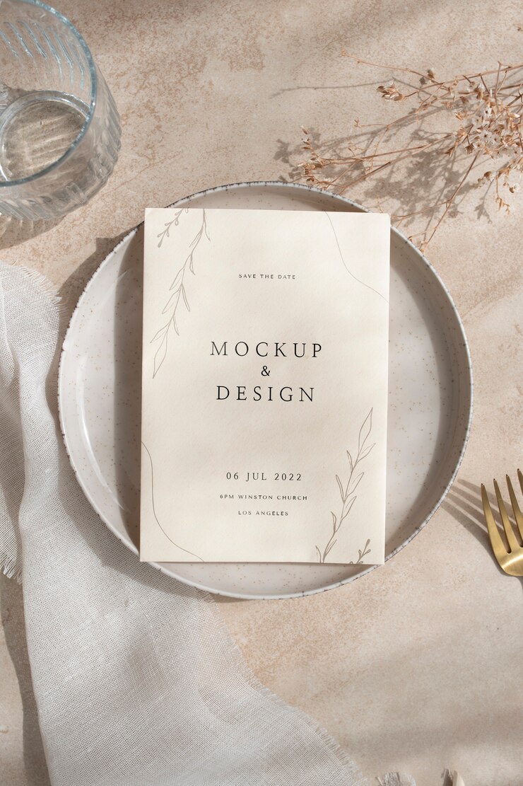 PSD vista dall'alto sul mockup del menu di nozze