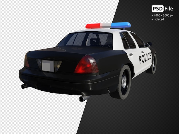 Vista de ângulo traseiro do carro de polícia isolada renderização 3d