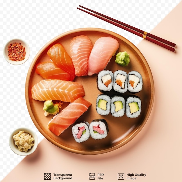 PSD vista de cima de um sushi definido em um prato um prato japonês popular e bem conhecido com pauzinhos