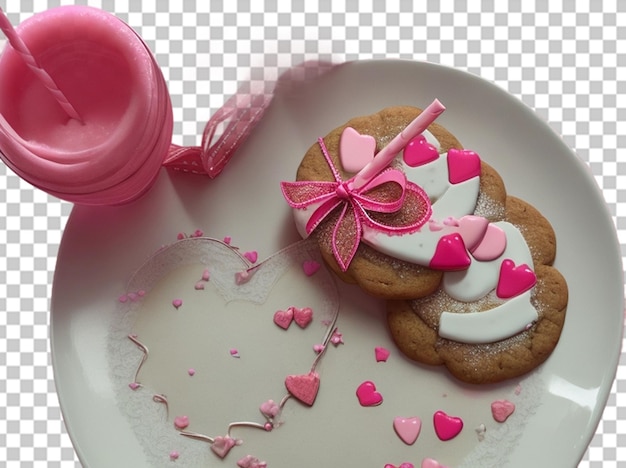 Vista de perto de biscoitos em forma de coração doce e palhinhas decorativas no feriado rosa de são valentim